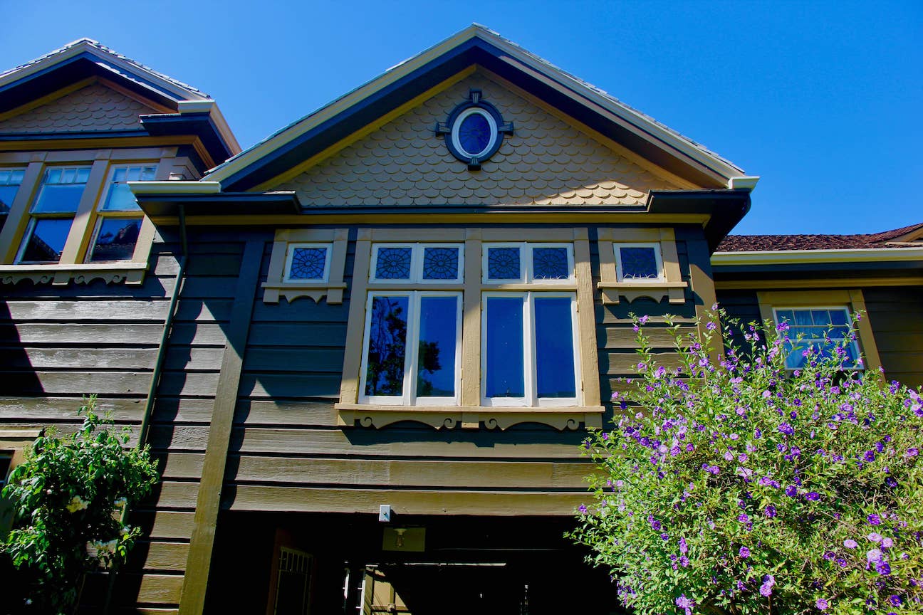 Large glass windows at Winchester Mystery House, San Jose, California